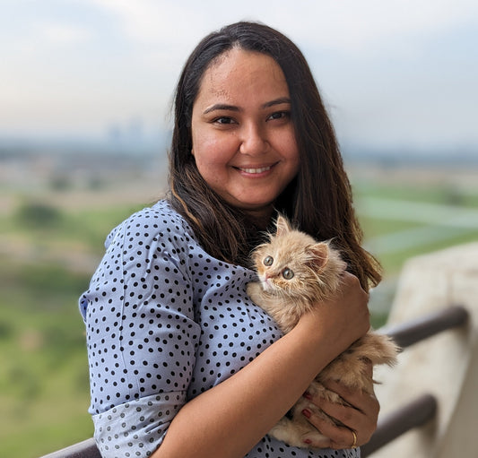 Roushan, Catscart founder, holds a new Persian kitten on a rooftop terrace