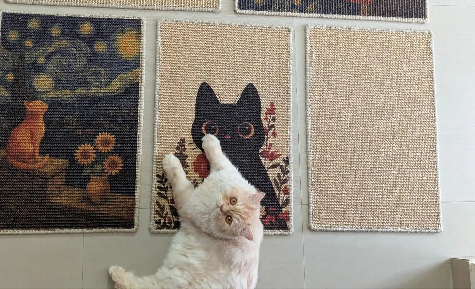 A white cat lies stretched out against a wall of five sisalcat scratchers, including two with printed designs of cats in a Van Gogh style and two plain beige textured mats