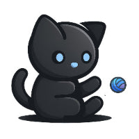 Black cat with blue eyes and a blue ball of yarn on a white background